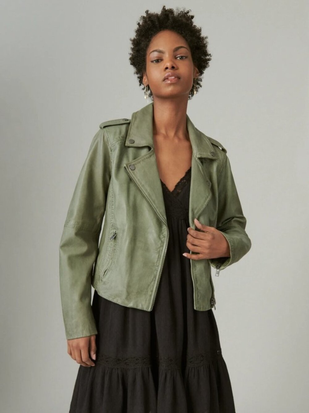 Lucky Brand Classic Leather Moto Jacket - Oil Green - Large